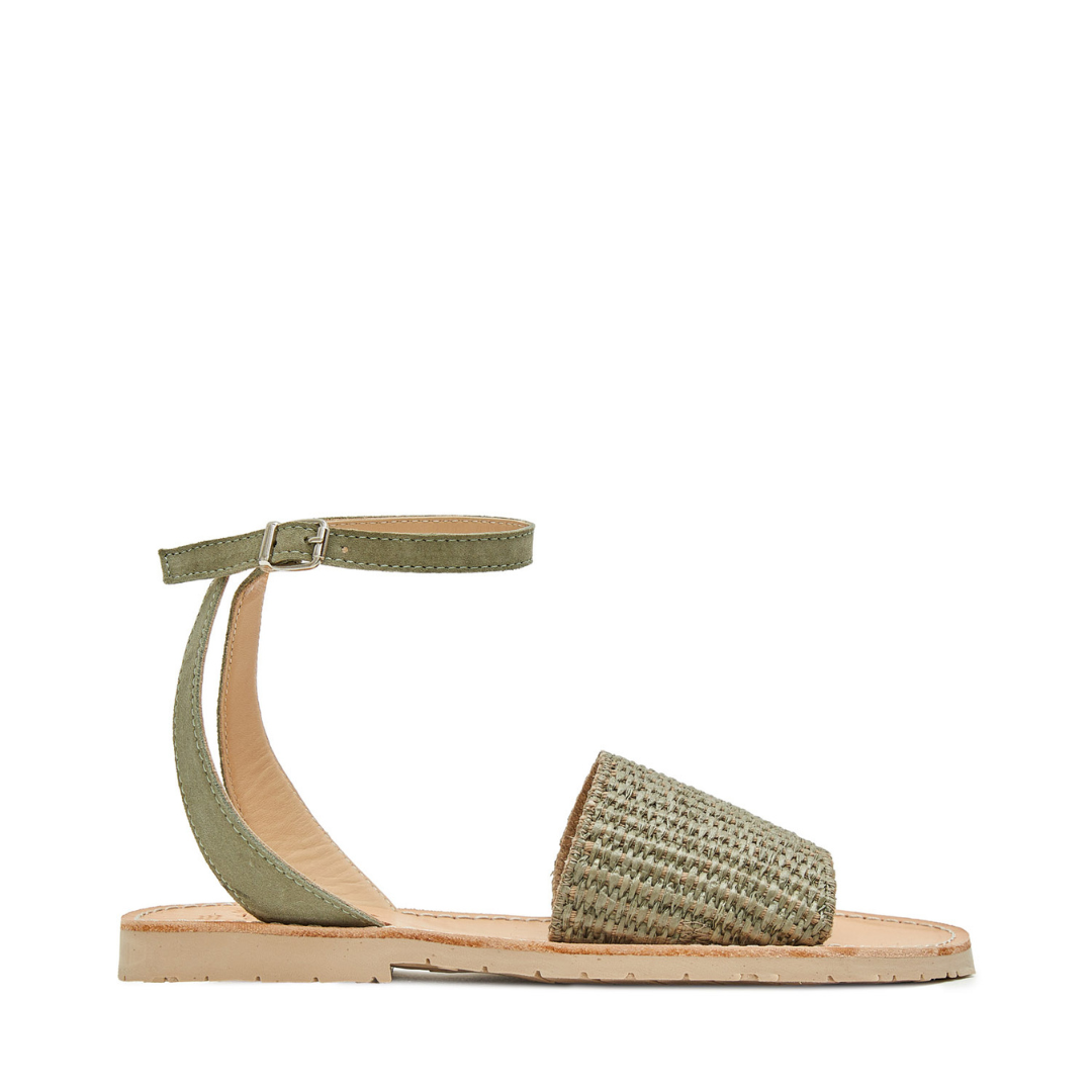 Flat Sandals | Ankle Straps | Raffia Olive