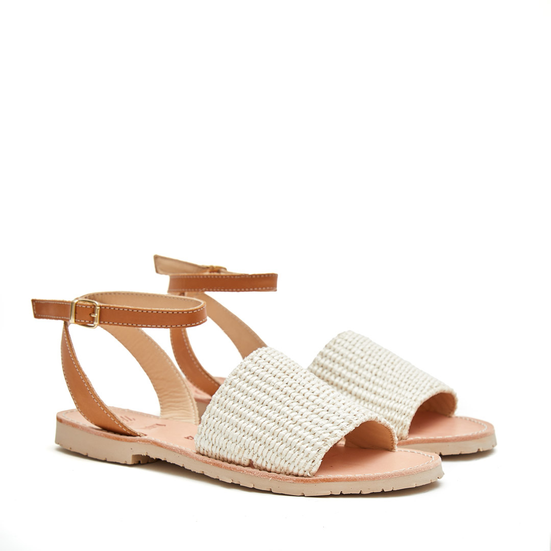 Flat Sandals | Ankle Straps | Raffia Cream Tan