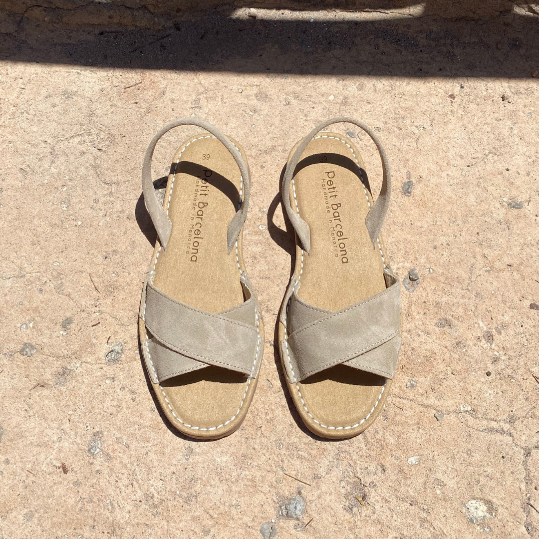 Petit Barcelona Cross over flat in Soft Stone Suede