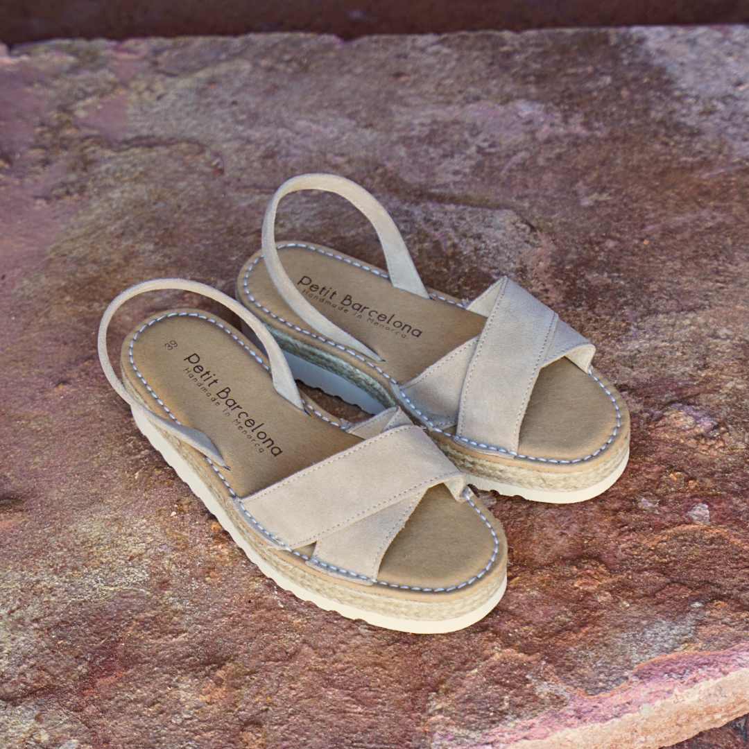 Petit Barcelona Cross Over Platform Avarcas in Stone Suede Leather