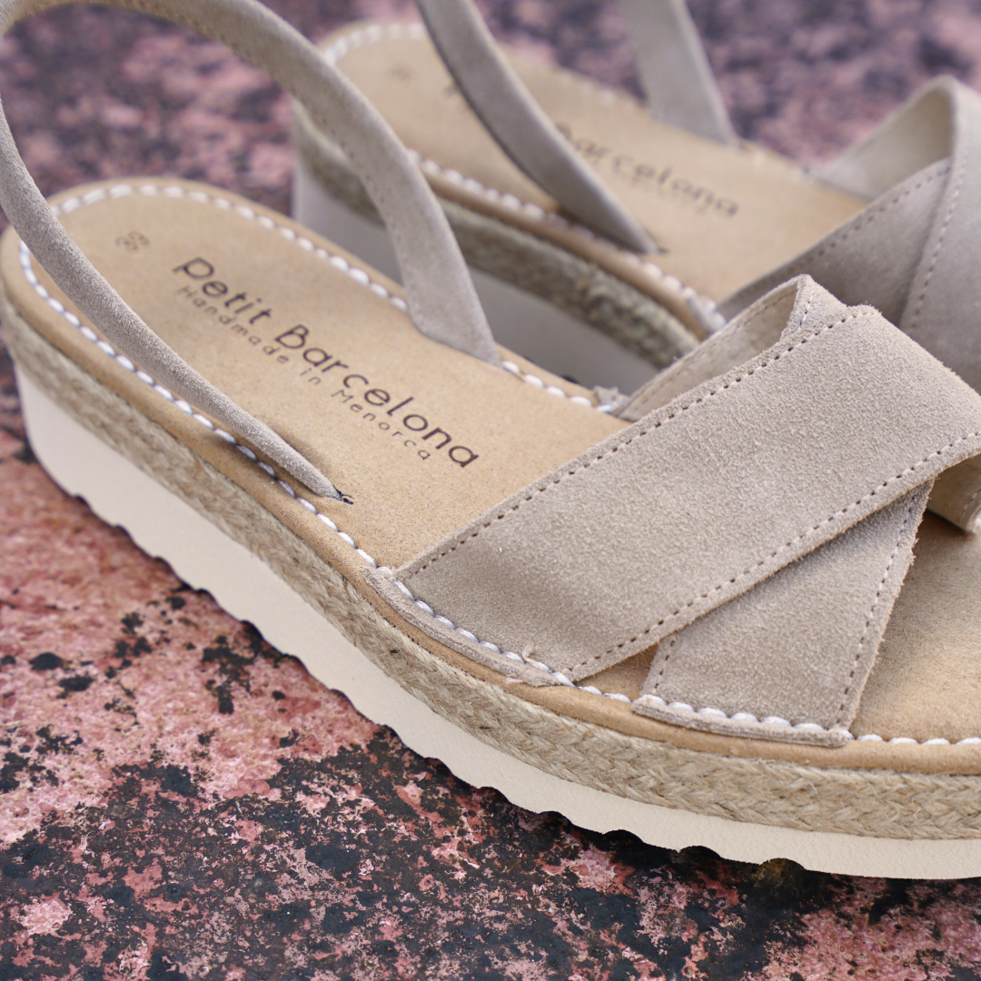 Petit Barcelona Cross Over Platform Avarcas in Stone Suede Leather