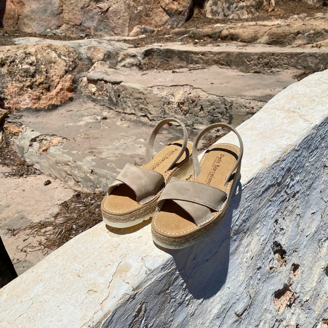 Petit Barcelona Cross Over Platform Avarcas in Stone Suede Leather