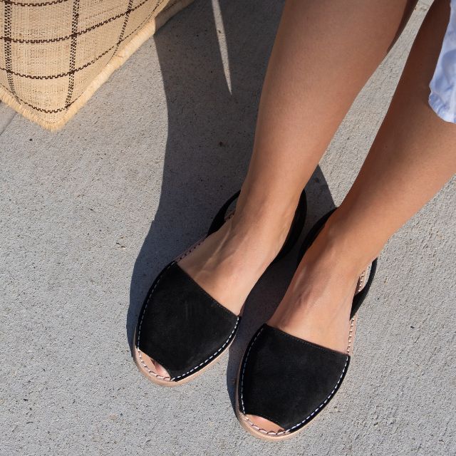 Petit Barcelona Flat Avarca Sandal in Black Suede Leather