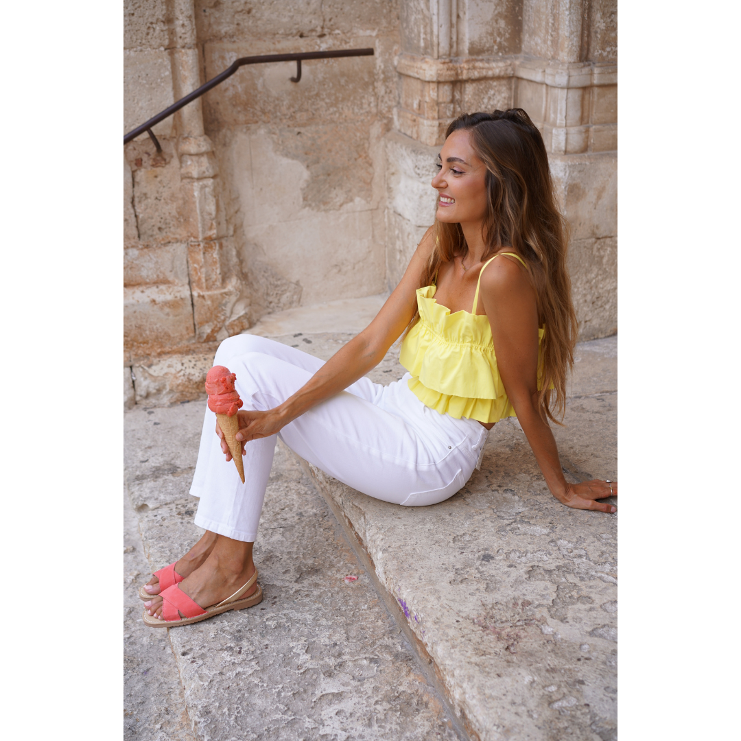 Petit Barcelona Watermelon Suede Leather Flat Cross Over Avarca Sandals handmade in Spain