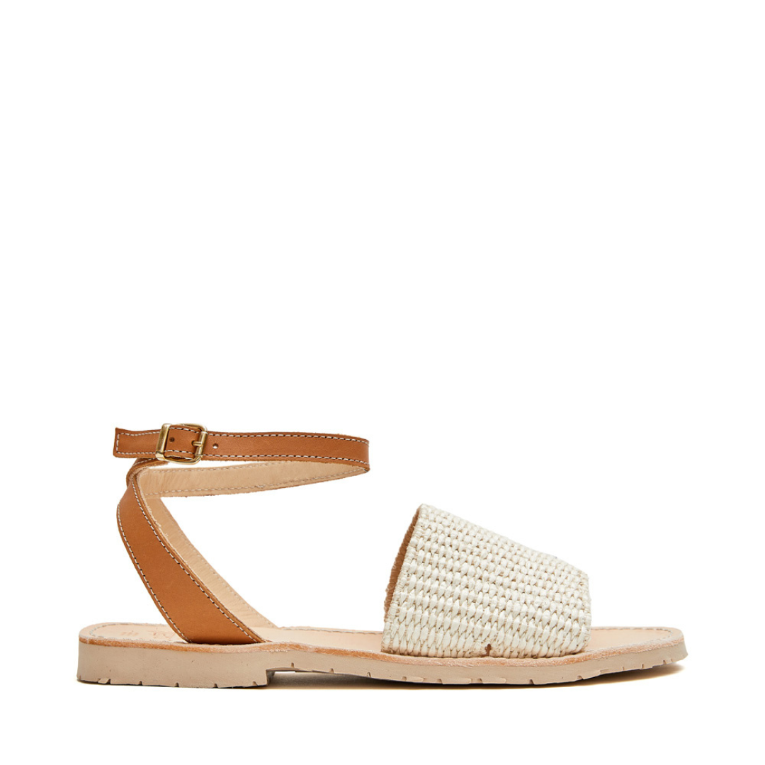 Flat Sandals | Ankle Straps | Raffia Cream Tan