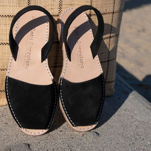 Petit Barcelona Flat Avarca Sandal in Black Suede Leather 