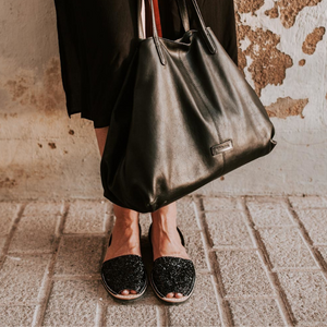 Petit Barcelona Spanish Avarca Sandals Black Glitter Leather Flats